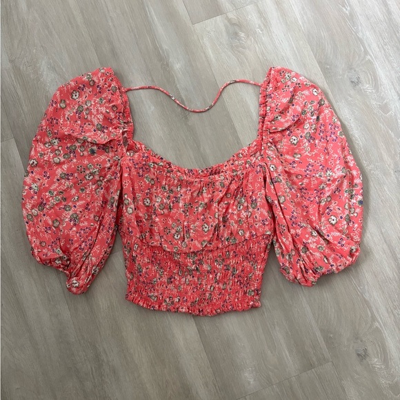 AFRM Waverly Pink Floral Puff Sleeve Smocked Ruffle Crop Top size XS - Picture 3 of 6